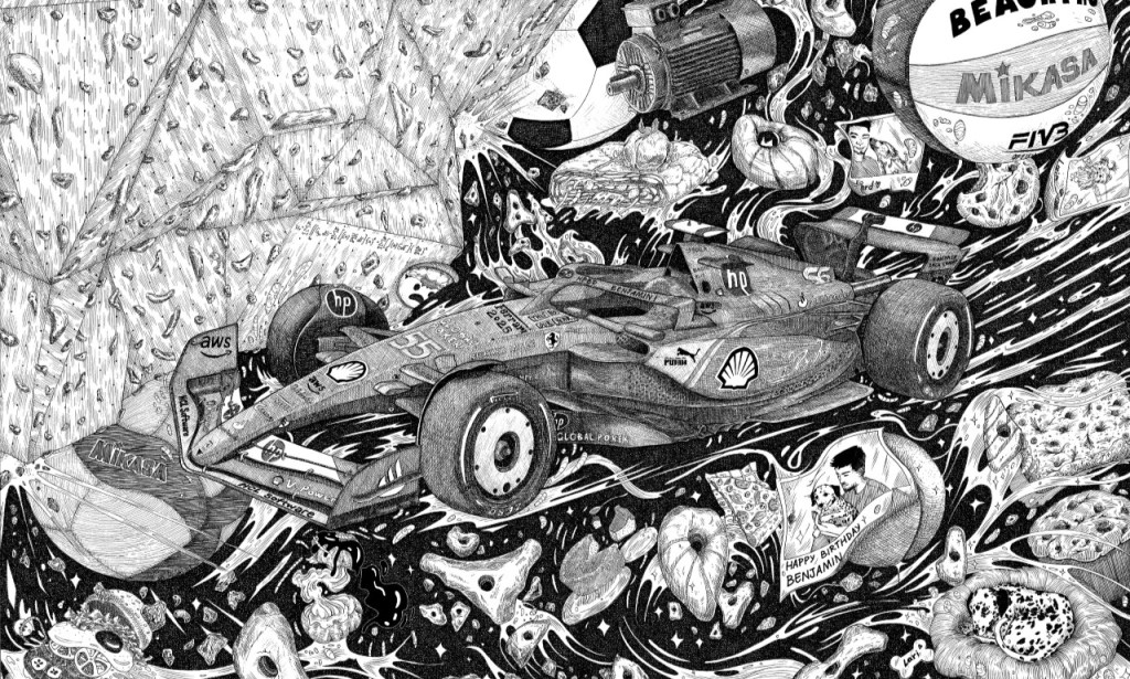 Detailed black-and-white illustration of a Formula 1 race car surrounded by a collage of objects, patterns, and drawings.