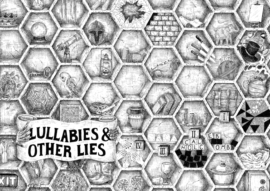 Collage of detailed drawings arranged in honeycomb-shaped panels for an album cover design.