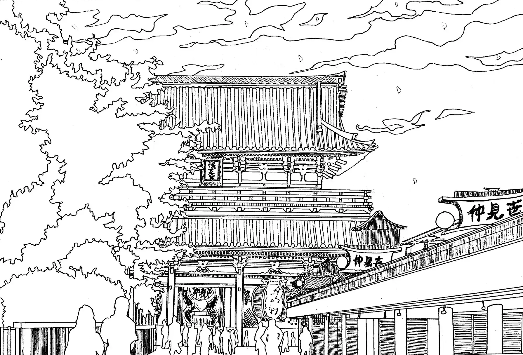 Black-and-white line-art illustration of japanese building.